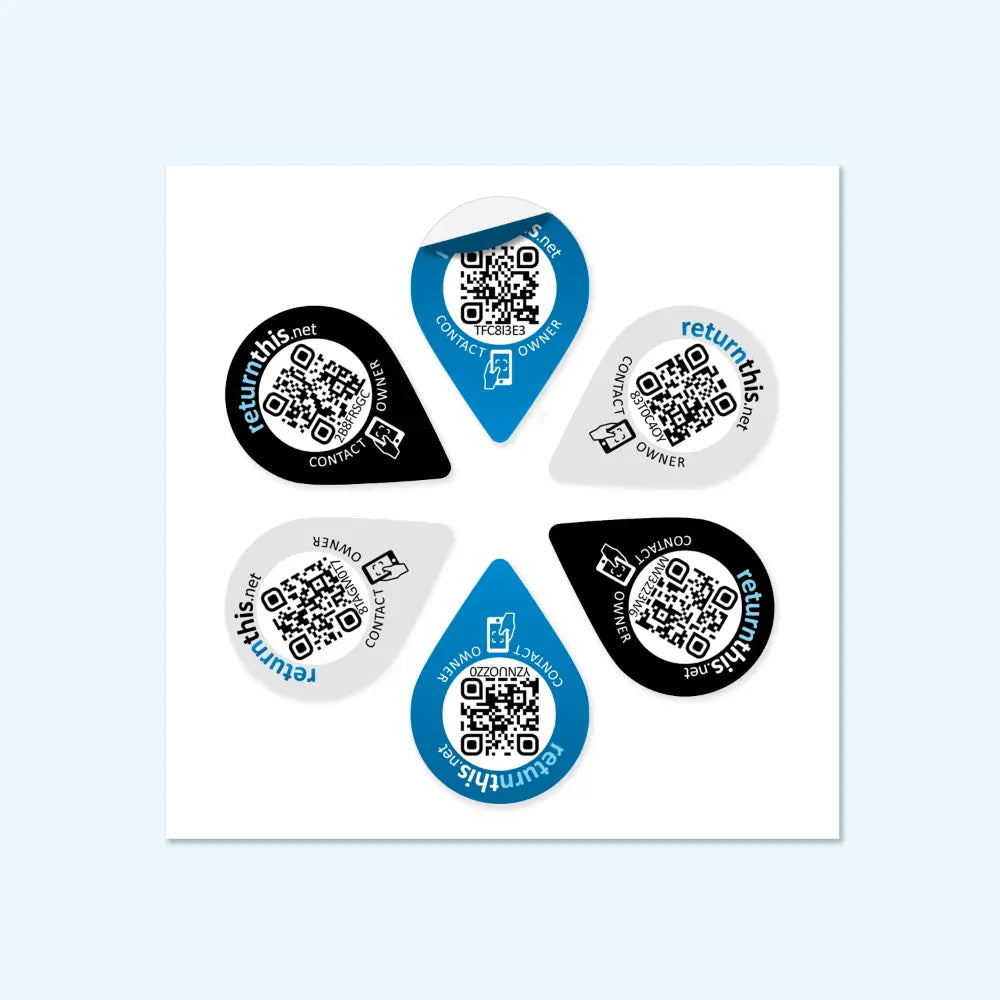 Sechs returnthis QR-Code-Aufkleber in drei Farben
