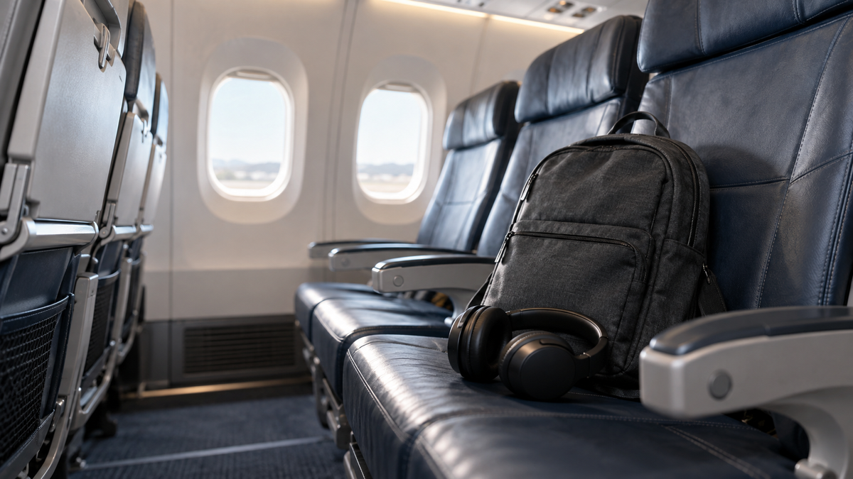 Vergessener Rucksack in der Gepäckablage eines Flugzeugs