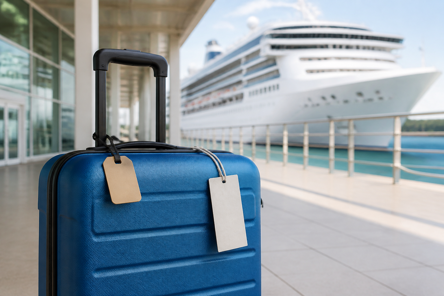 Reisekoffer mit Anhänger vor einem Kreuzfahrtschiff