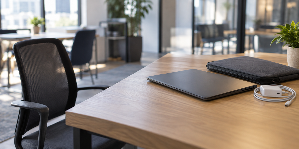 Leerer Arbeitsplatz mit Ladekabel und fehlendem Laptop