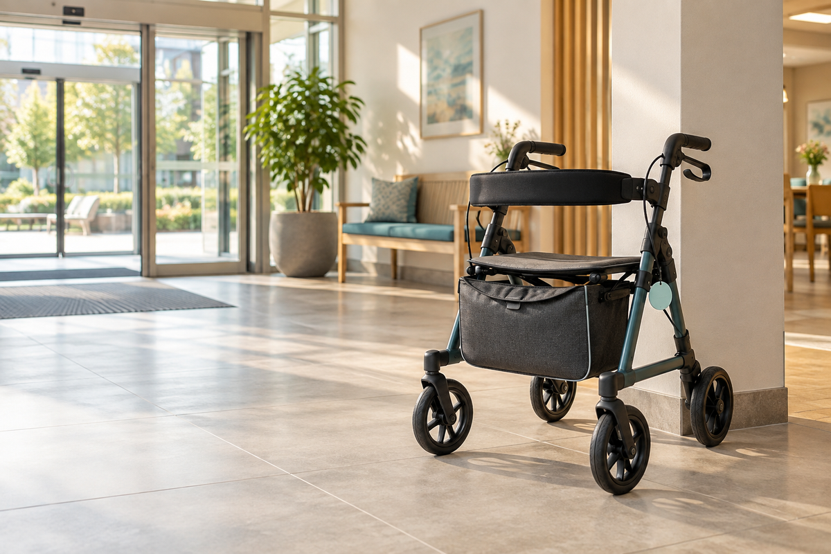 Rollator mit diskreter Kennzeichnung neben einer Garderobe