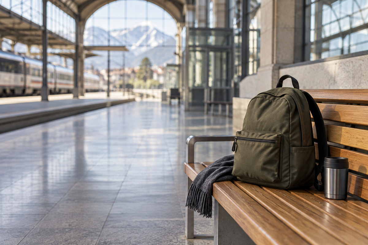 Allein stehender Rucksack auf einer Bank an einem Bahnhof