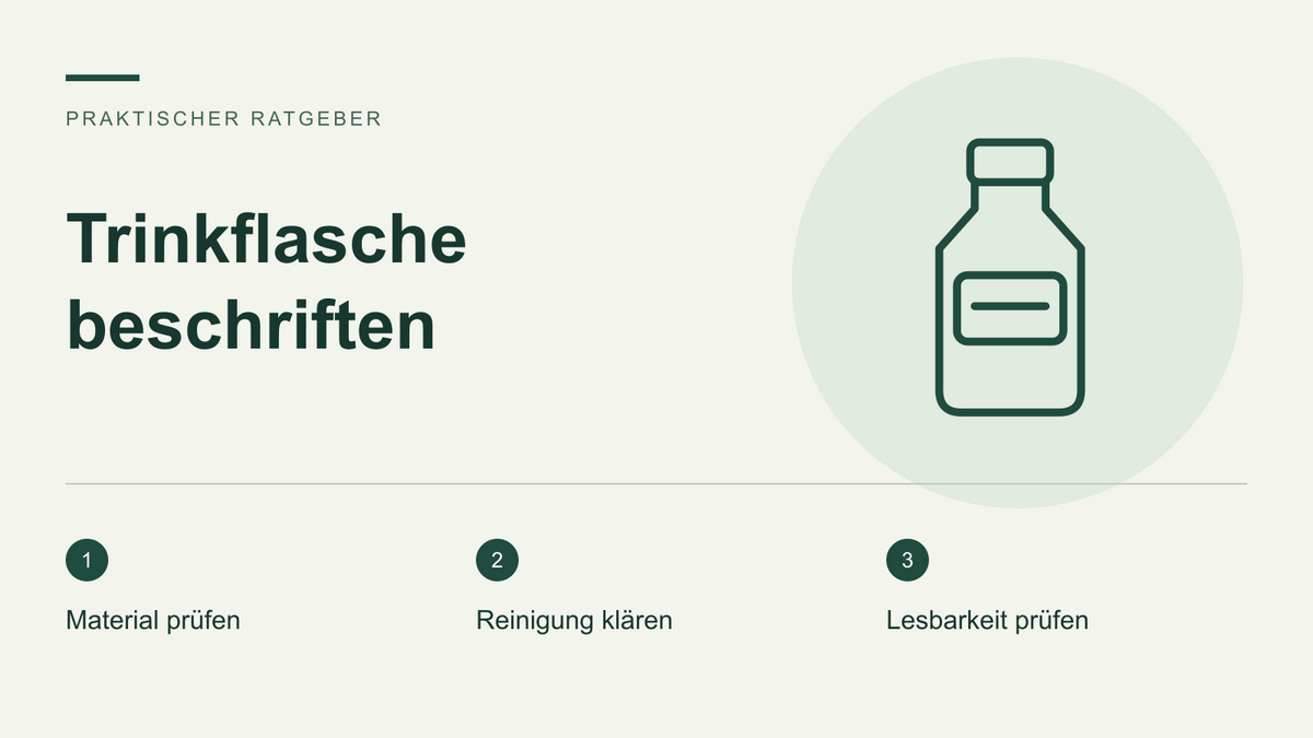 Illustration einer Trinkflasche mit Namensfeld und drei Schritten zur passenden Beschriftung